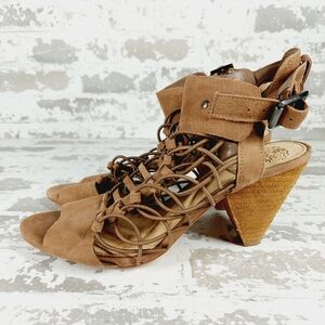 Vince Camuto Evel Brown Leather Ankle Strap Buckle Caged Heeled Sandals F204